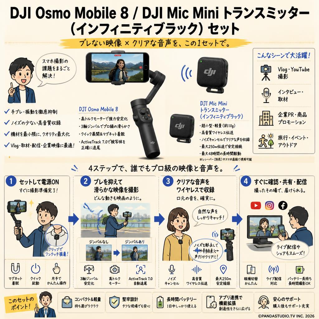 DJI Osmo Mobile 8 / DJI Mic Mini トランスミッター （ インフィニティブラック ）セット 概要