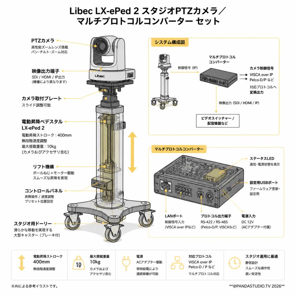 Libec LX-ePed 2 Studio PTZカメラ /  マルチプロトコルコンバーター セット スペック