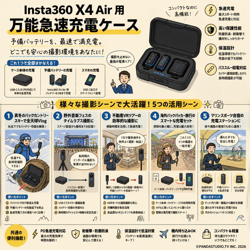 Insta360 X4 Air 用 万能急速充電ケース 用途