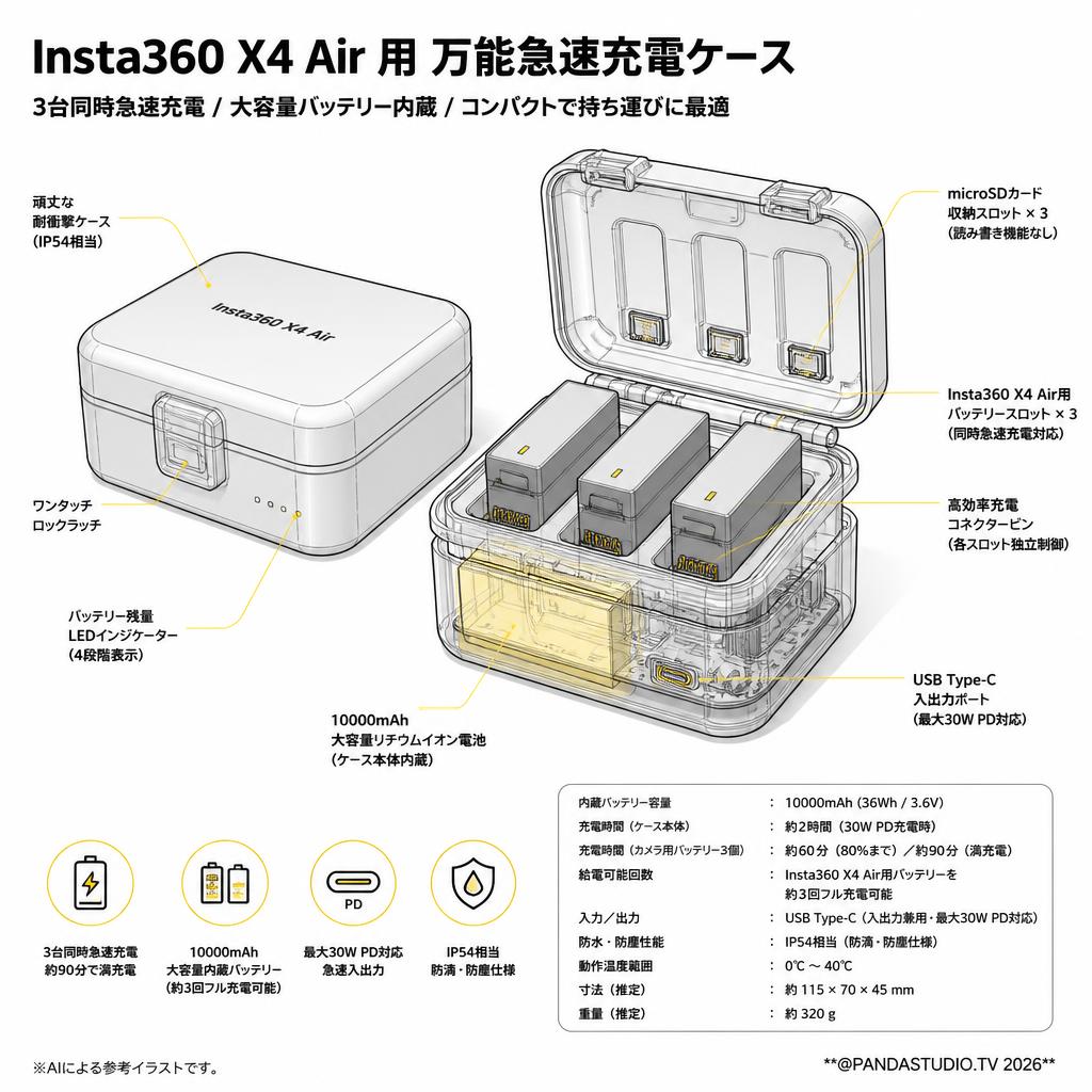 Insta360 X4 Air 用 万能急速充電ケース スペック