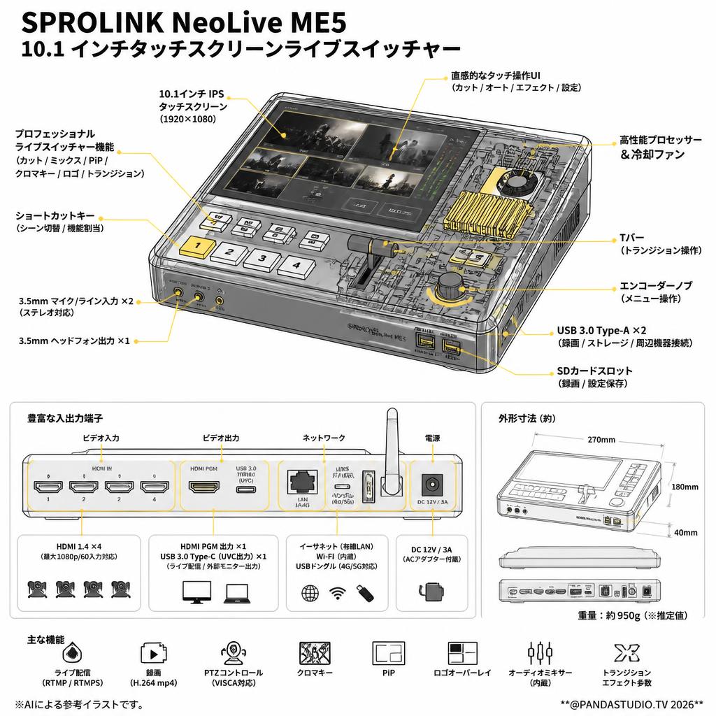 SPROLINK NeoLive ME5 10.1 インチタッチスクリーンライブスイッチャー スペック