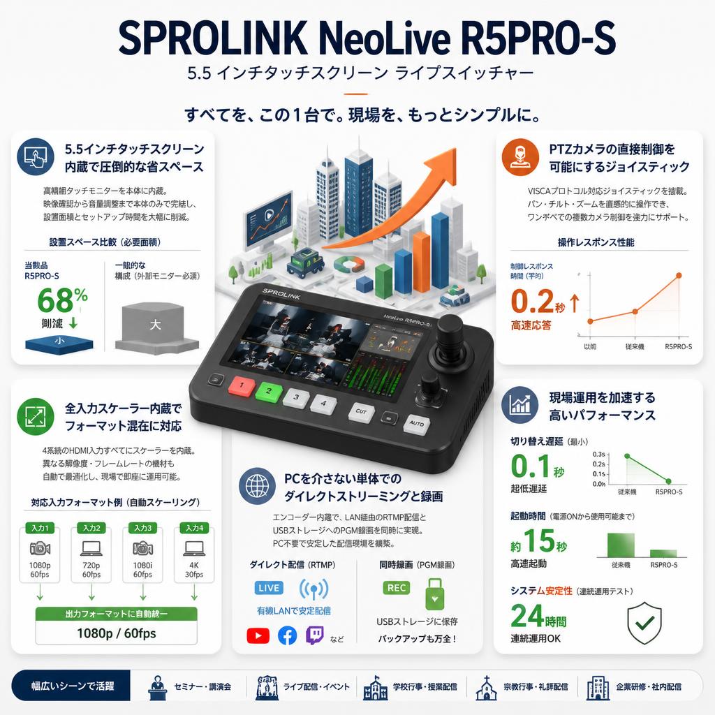 SPROLINK NeoLive R5PRO-S  5.5 インチタッチスクリーン ライブスイッチャー セールスポイント