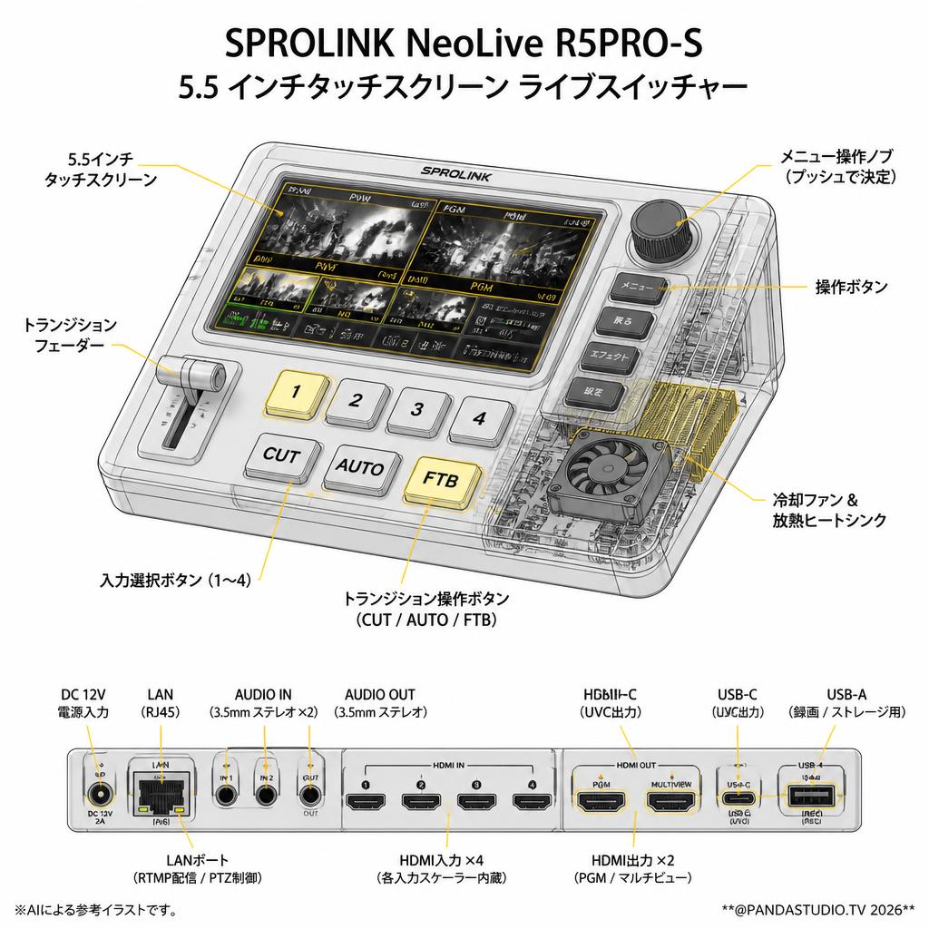SPROLINK NeoLive R5PRO-S  5.5 インチタッチスクリーン ライブスイッチャー スペック