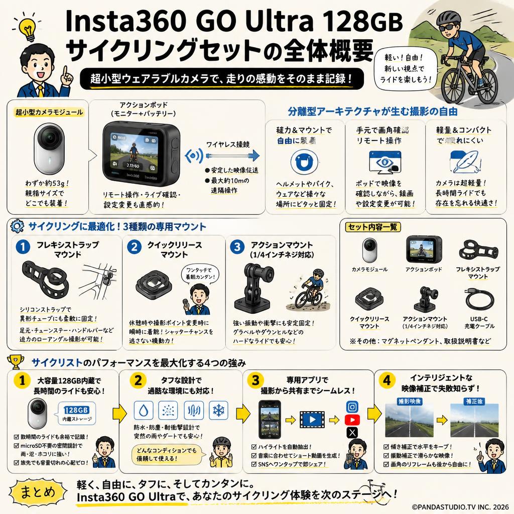 Insta360 GO Ultra 128GB / フレキシストラップマウント / クイックリリースマウント / アクションマウント （サイクリングセット） 概要