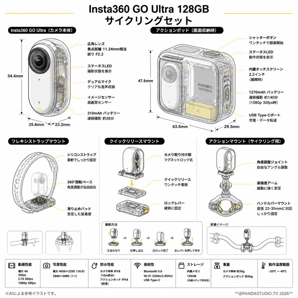 Insta360 GO Ultra 128GB / フレキシストラップマウント / クイックリリースマウント / アクションマウント （サイクリングセット） スペック