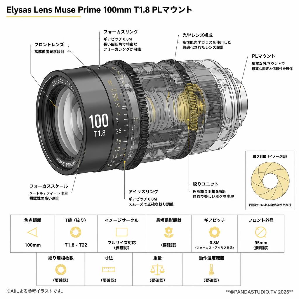 Elysas Lens Muse Prime 100mm T1.8 PLマウント スペック