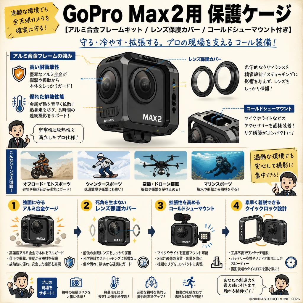 GoPro Max2用 保護ケージ【アルミ合金フレームキット / レンズ保護カバー / コールドシューマウント付き】 概要