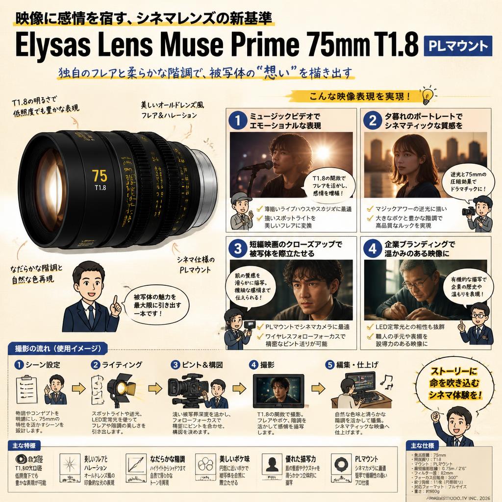 Elysas Lens Muse Prime 75mm T1.8 PLマウント 用途