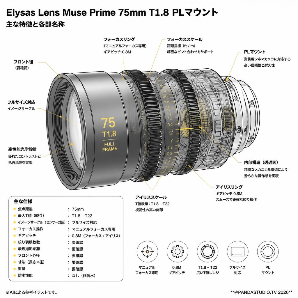 Elysas Lens Muse Prime 75mm T1.8 PLマウント スペック