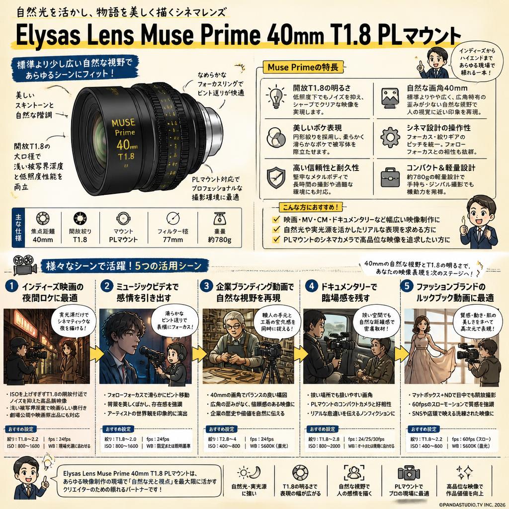 Elysas Lens Muse Prime 40mm T1.8 PLマウント 用途