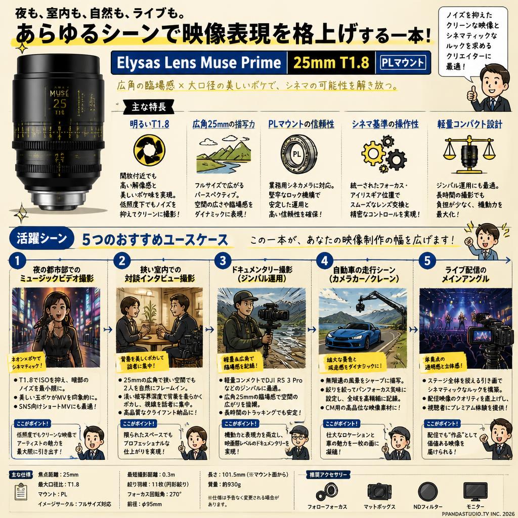 Elysas Lens Muse Prime 25mm T1.8 PLマウント 用途