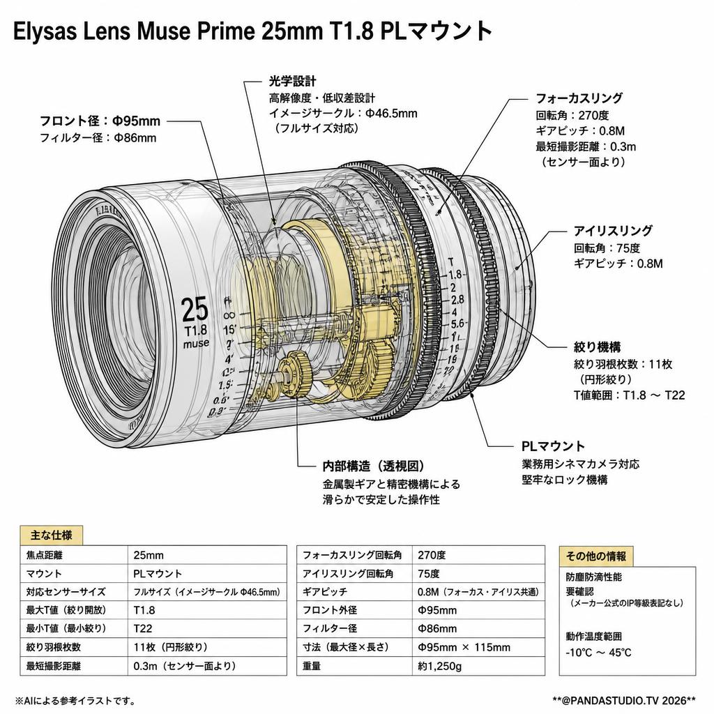 Elysas Lens Muse Prime 25mm T1.8 PLマウント スペック