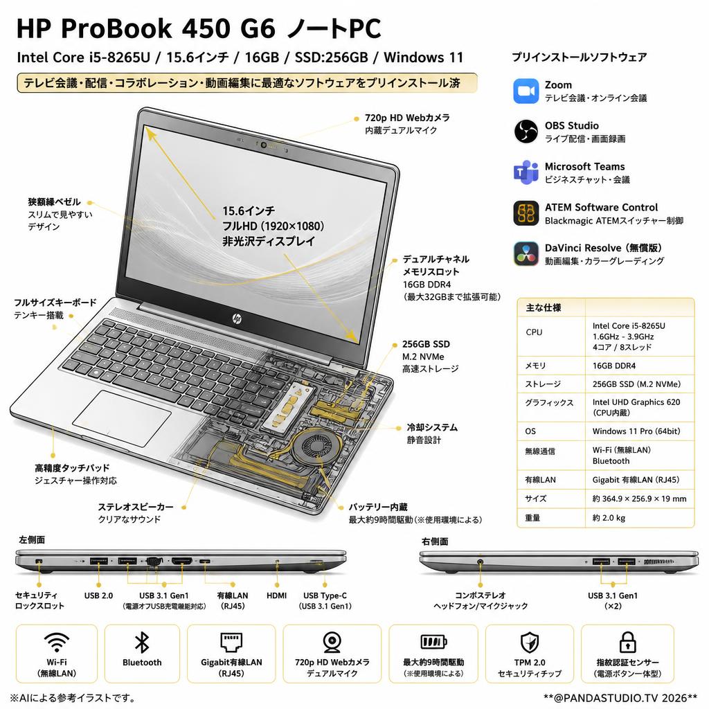 HP ProBook 450 G6 ノートPC（ Intel Core i5-8265U 15.6インチ / 16GB SSD:256G win11）【テレビ会議用Zoom / 配信用OBS / Microsoft Teams / ATEM Software Control / 無償版 動画編集DaVinci Resolveインストール済】 スペック