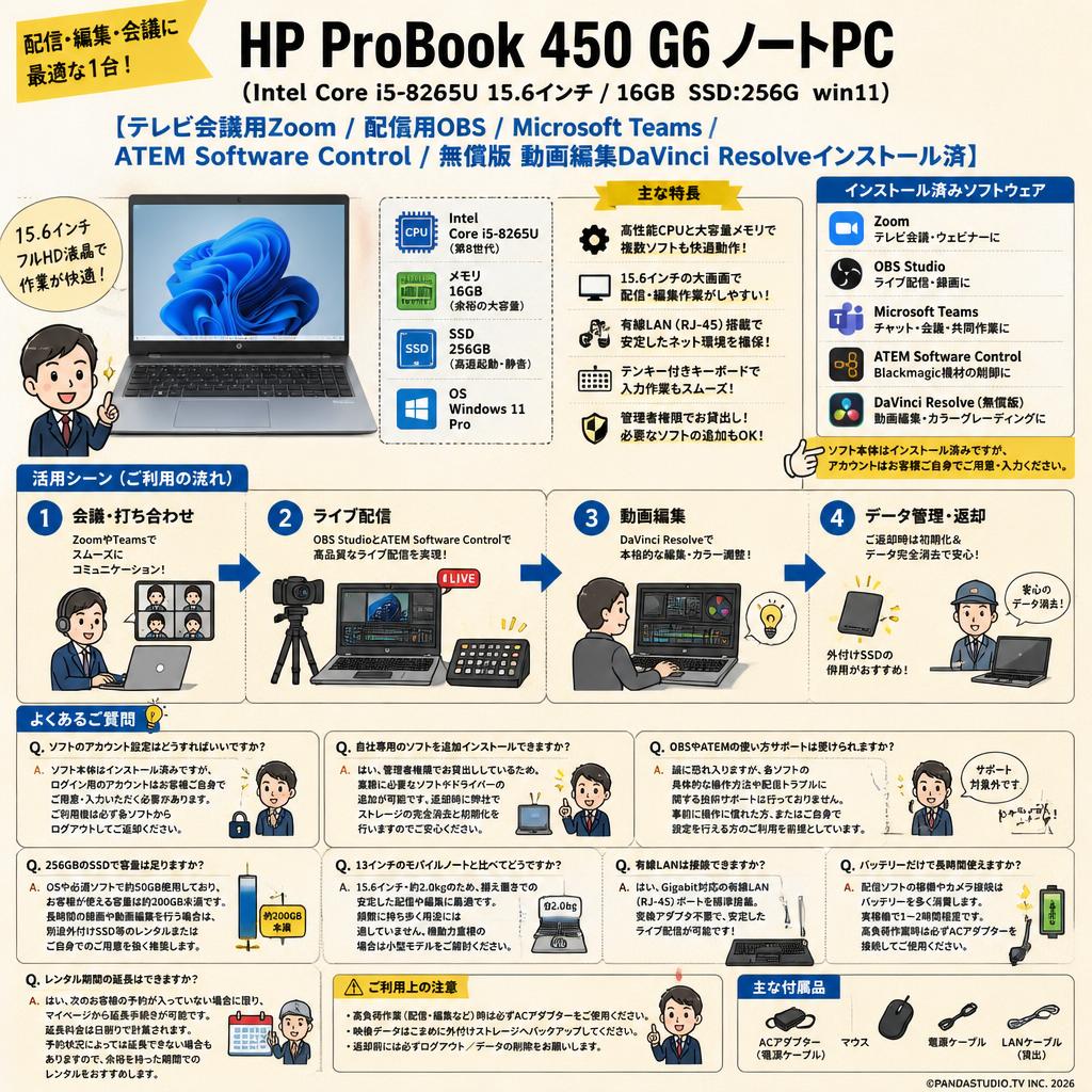 HP ProBook 450 G6 ノートPC（ Intel Core i5-8265U 15.6インチ / 16GB SSD:256G win11）【テレビ会議用Zoom / 配信用OBS / Microsoft Teams / ATEM Software Control / 無償版 動画編集DaVinci Resolveインストール済】 FAQ（よくある質問と答え）