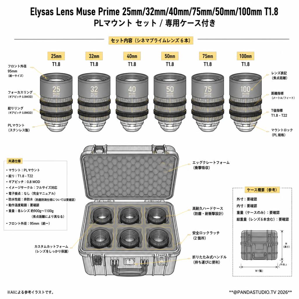 Elysas Lens Muse Prime 25mm/32mm/40mm75mm/50mm/100mm T1.8 PLマウント セット /  専用ケース付き スペック