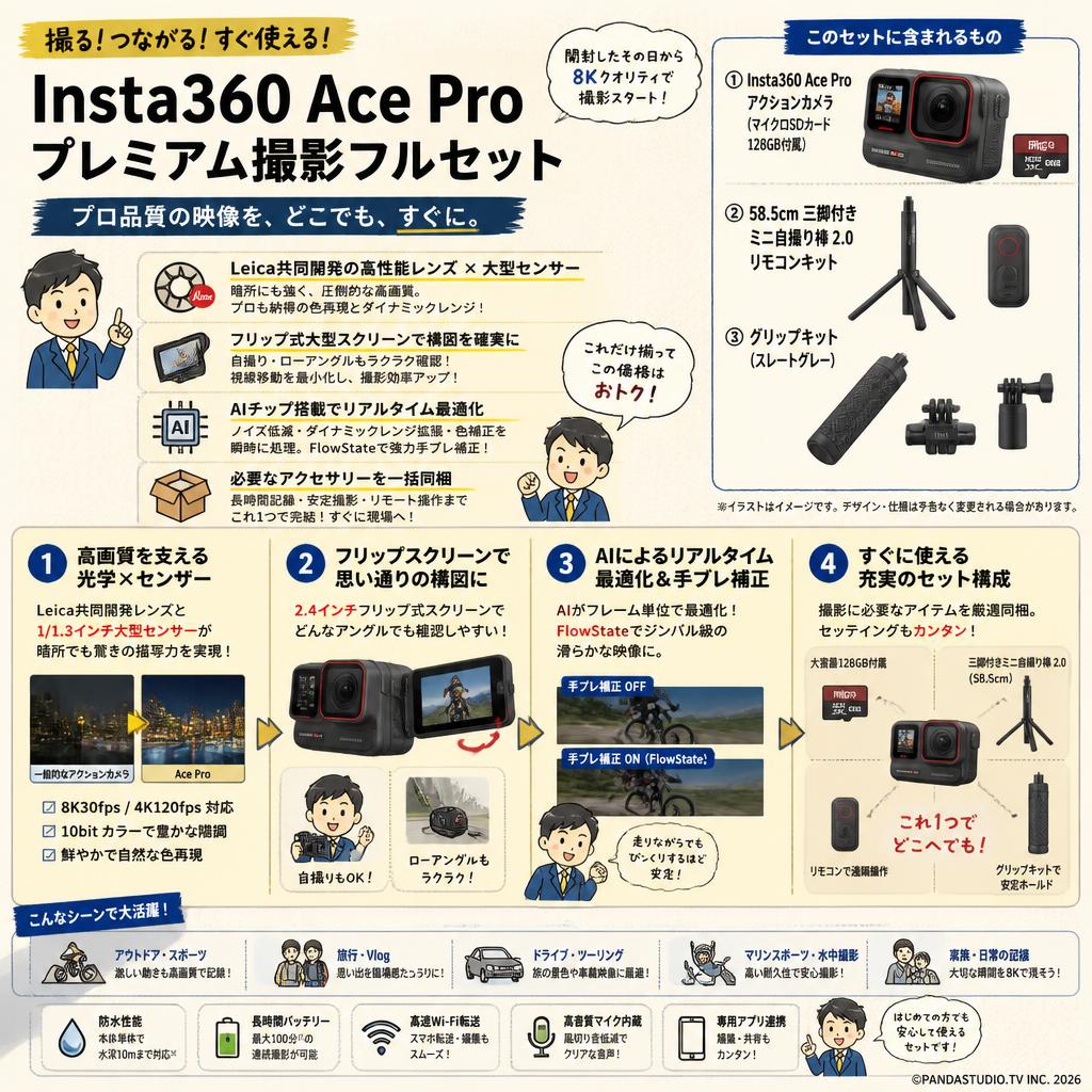 Insta360 Ace Pro -アクションカメラ （マイクロSDカード128GB付属） / 58.5cm 三脚付きミニ自撮り棒 2.0 リモコンキット / グリップキット （スレートグレー）セット 概要