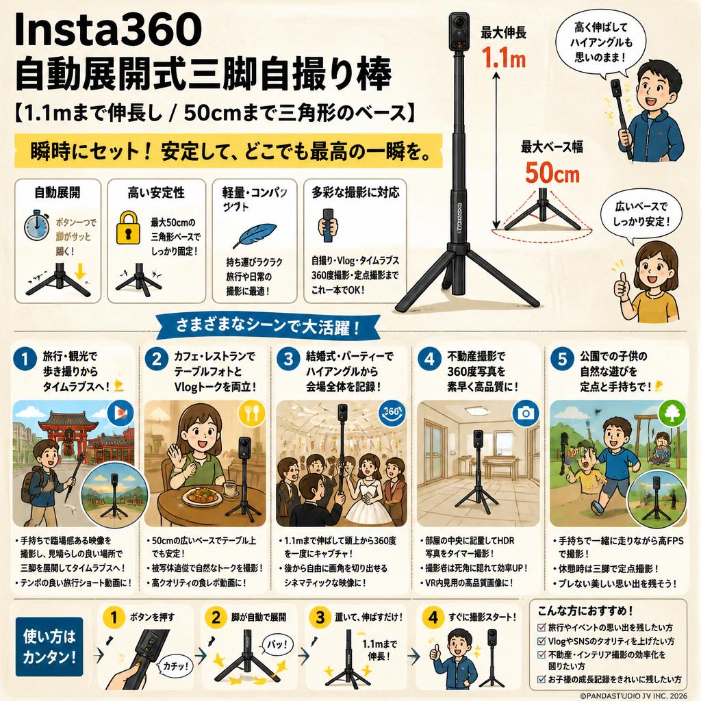 Insta360 自動展開式三脚自撮り棒【1.1mまで伸長し / 50cmまで三角形のベース】 用途
