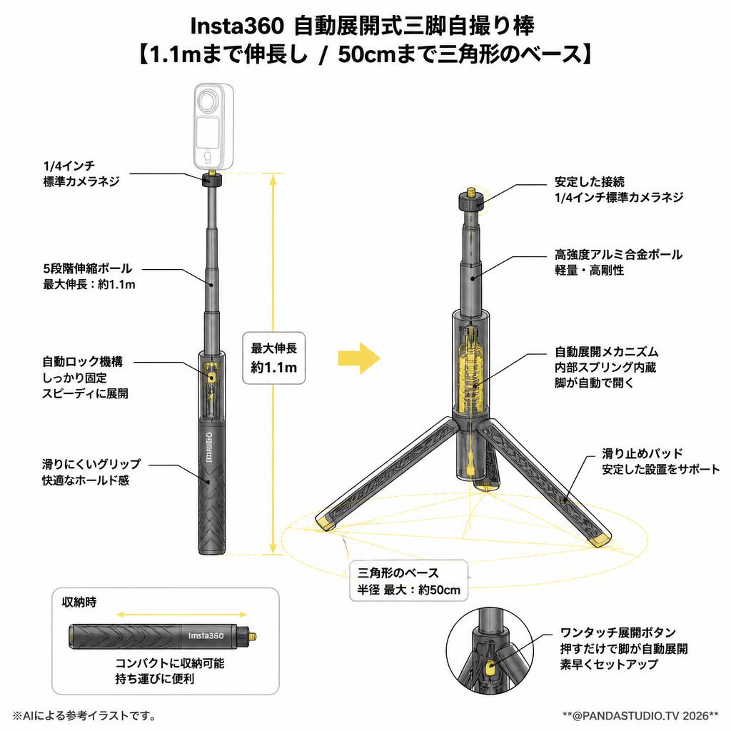 Insta360 自動展開式三脚自撮り棒【1.1mまで伸長し / 50cmまで三角形のベース】 スペック