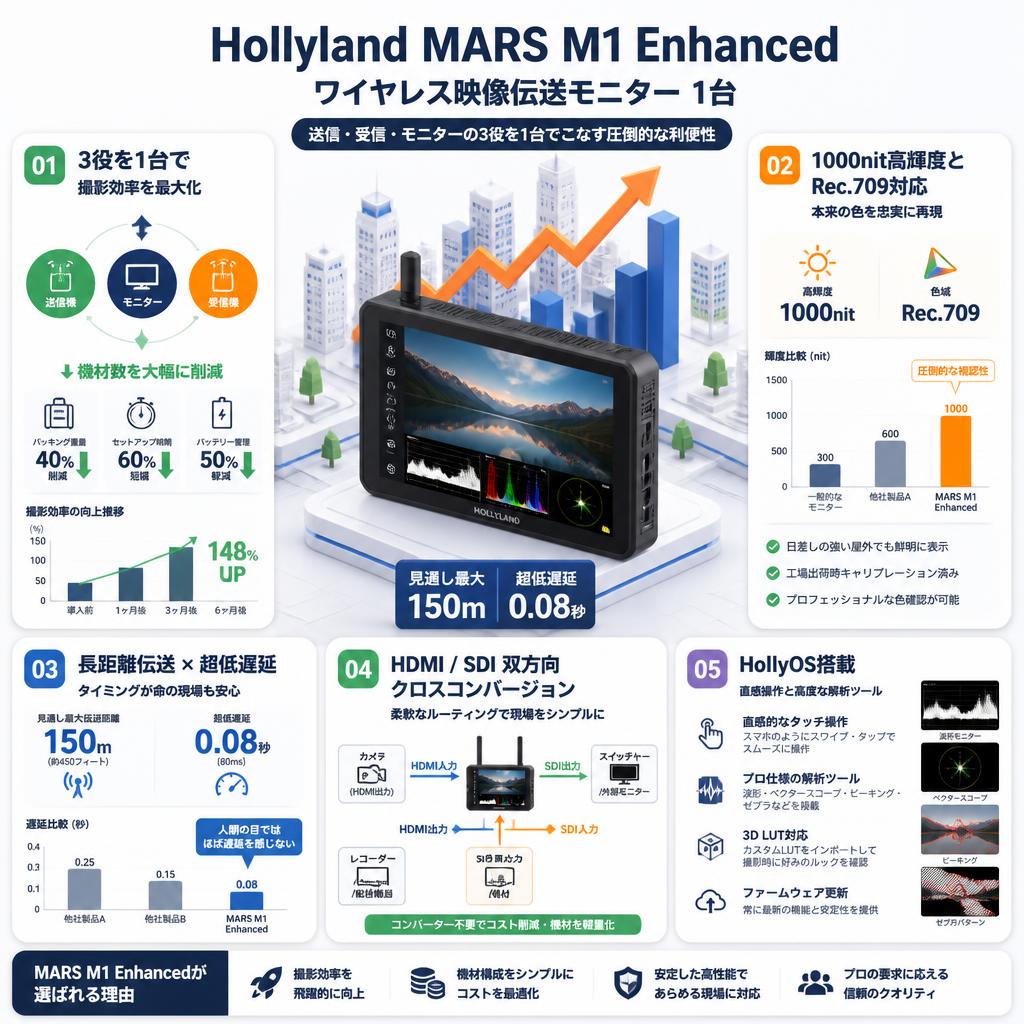 Hollyland MARS M1 Enhanced ワイヤレス映像伝送モニター 1台 セールスポイント