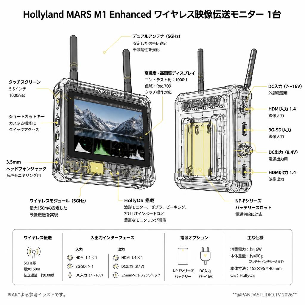 Hollyland MARS M1 Enhanced ワイヤレス映像伝送モニター 1台 スペック