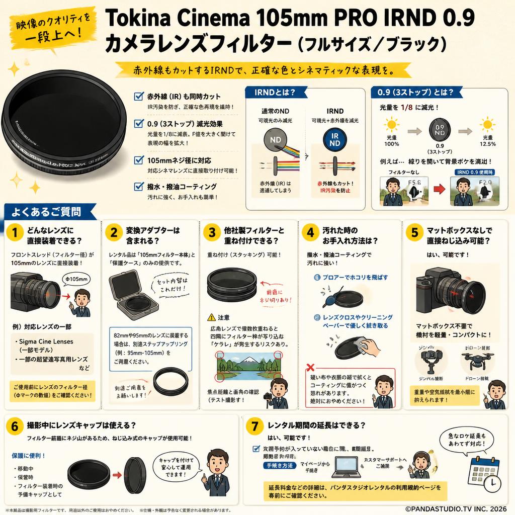 Tokina Cinema 105mm PRO IRND カメラレンズフィルター 0.9 フルサイズ ブラック FAQ（よくある質問と答え）