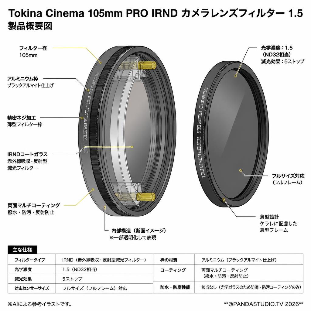 Tokina Cinema 105mm PRO IRND カメラレンズフィルター 1.5 フルサイズ ブラック スペック