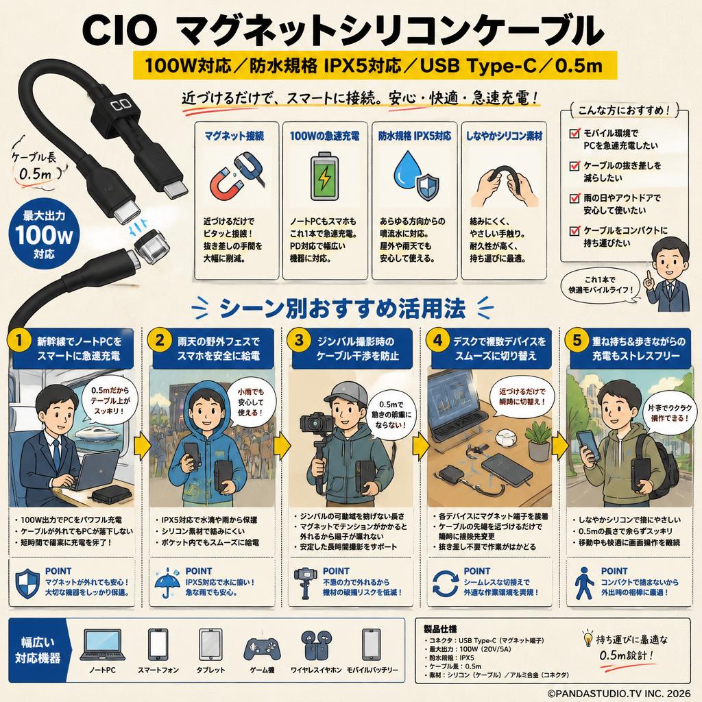 CIO マグネットシリコンケーブル 100W対応 防水規格 IPX5対応 USB Type-C 0.5m 用途