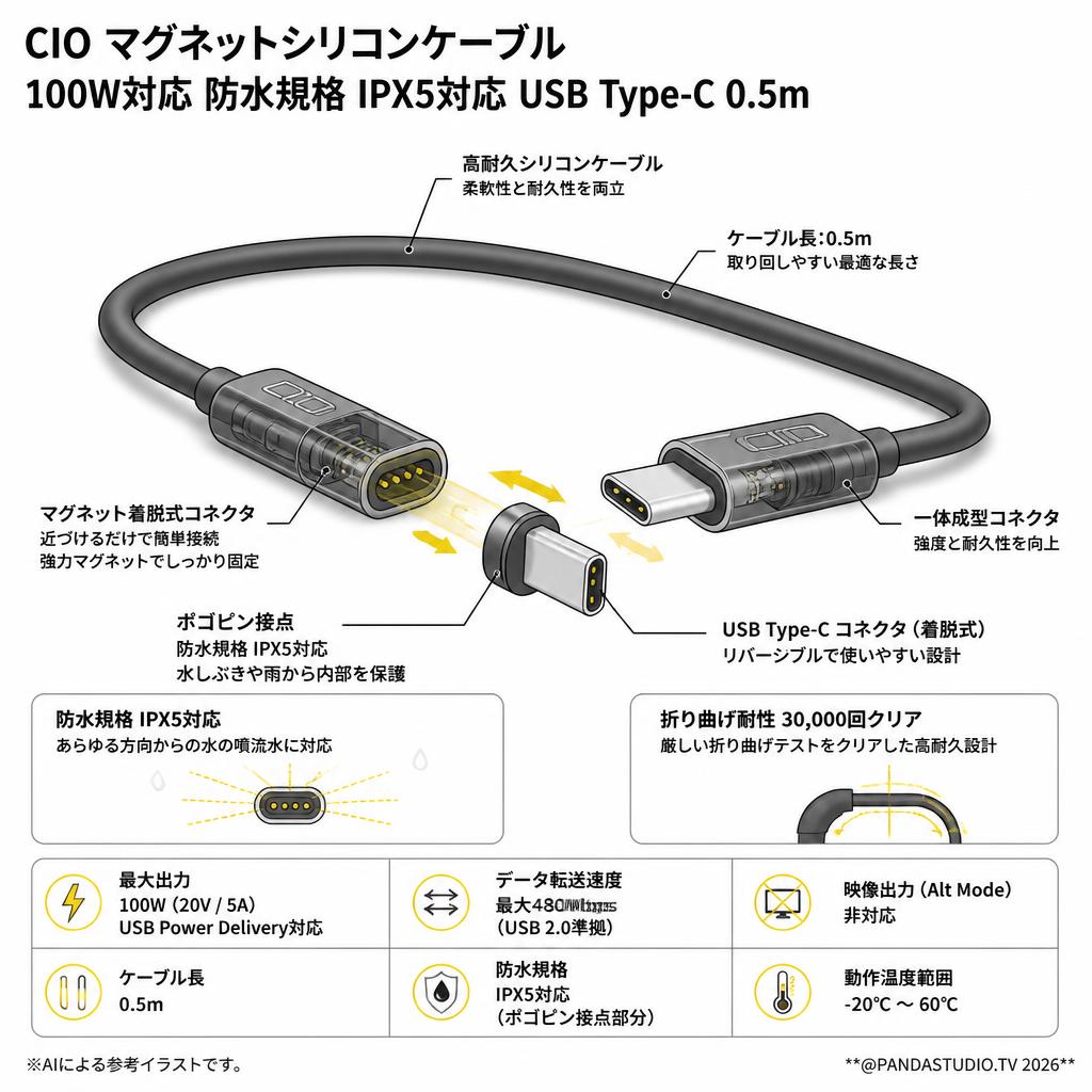 CIO マグネットシリコンケーブル 100W対応 防水規格 IPX5対応 USB Type-C 0.5m スペック