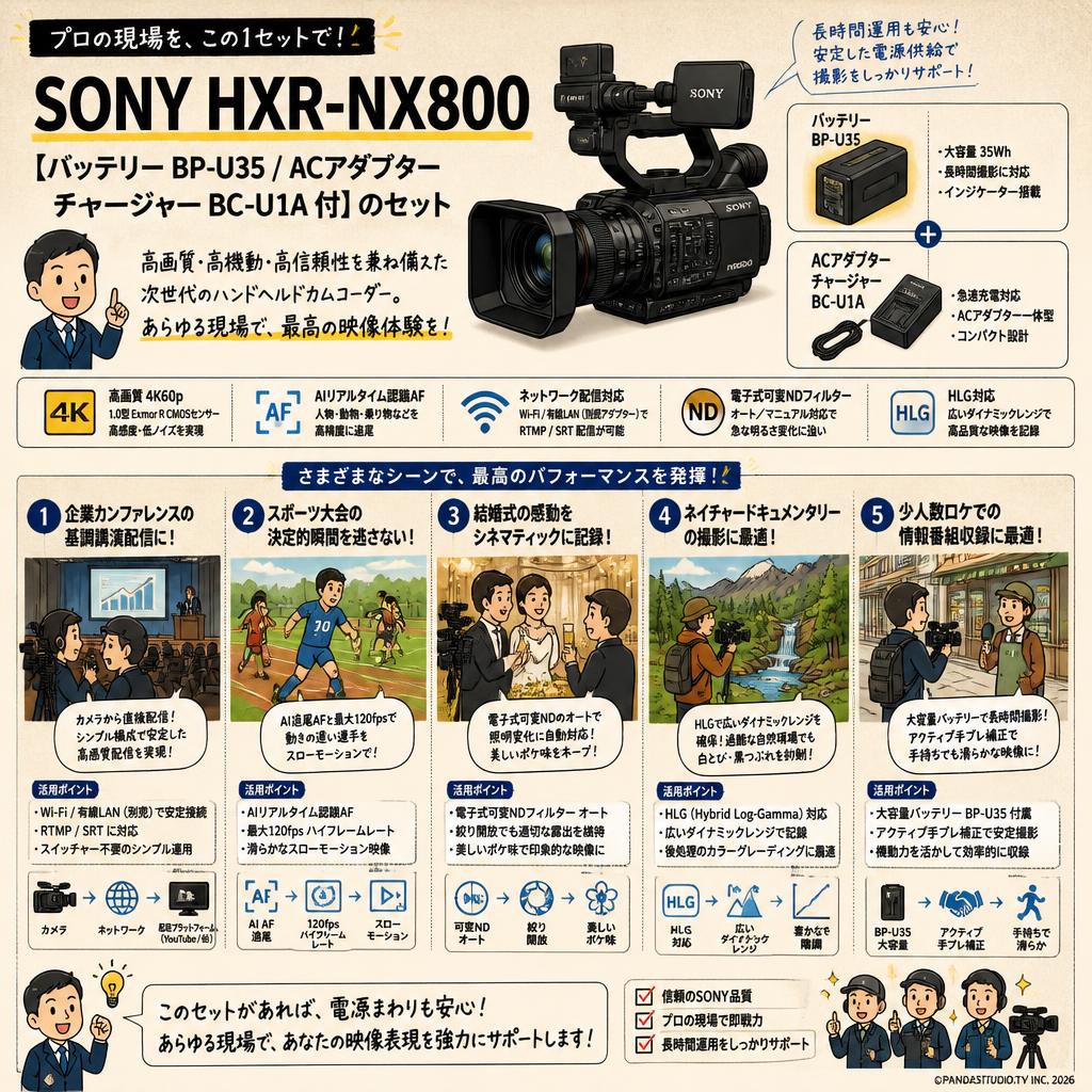 SONY HXR-NX800【バッテリー BP-U35 / ACアダプター チャージャー BC-U1A 付】のセット 用途