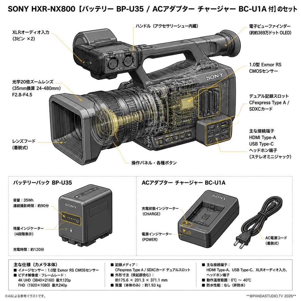 SONY HXR-NX800【バッテリー BP-U35 / ACアダプター チャージャー BC-U1A 付】のセット スペック