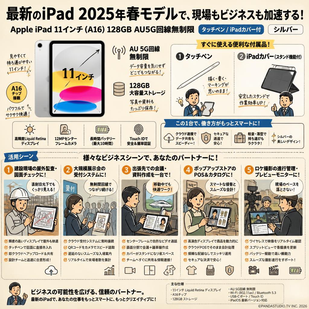 Apple iPad 11インチ (A16) 128GB AU5G回線無制限 最新のiPad 2025年春モデル シルバー （タッチペン / iPadカバー付） 用途