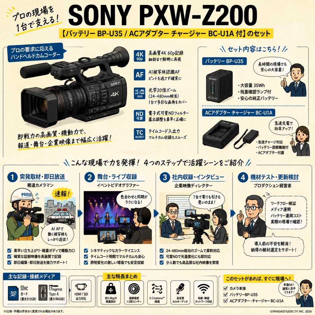 SONY PXW-Z200 【バッテリー BP-U35 / ACアダプター チャージャー BC-U1A 付】のセット おもな対象のお客様