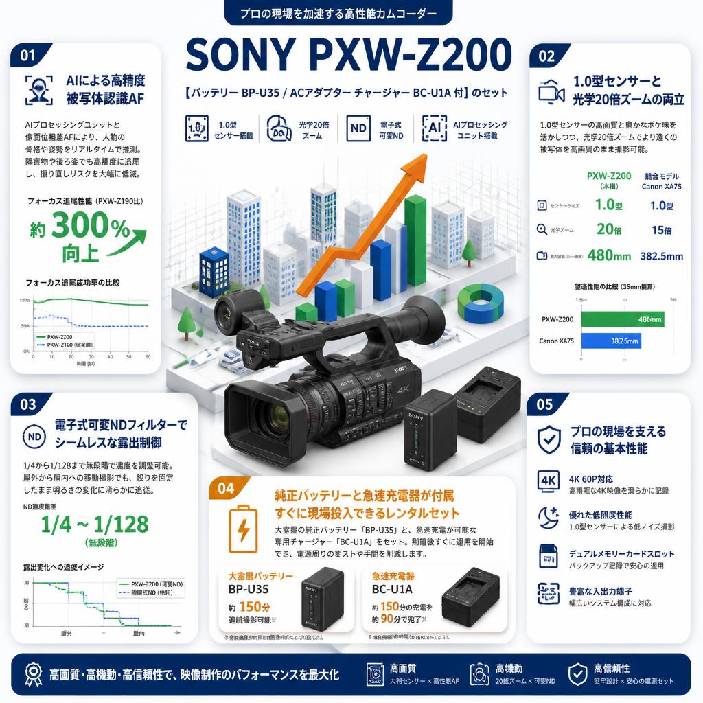 SONY PXW-Z200 【バッテリー BP-U35 / ACアダプター チャージャー BC-U1A 付】のセット セールスポイント