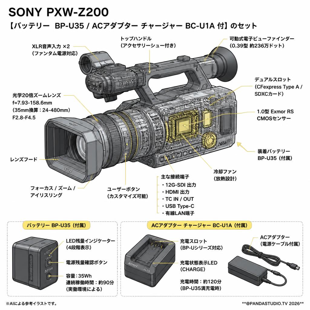 SONY PXW-Z200 【バッテリー BP-U35 / ACアダプター チャージャー BC-U1A 付】のセット スペック