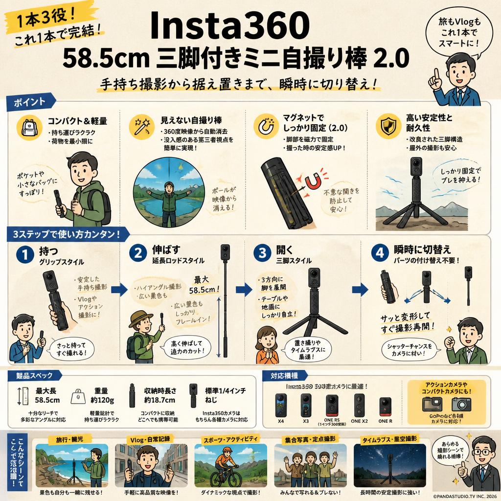 Insta360  58.5cm 三脚付きミニ自撮り棒 2.0 概要