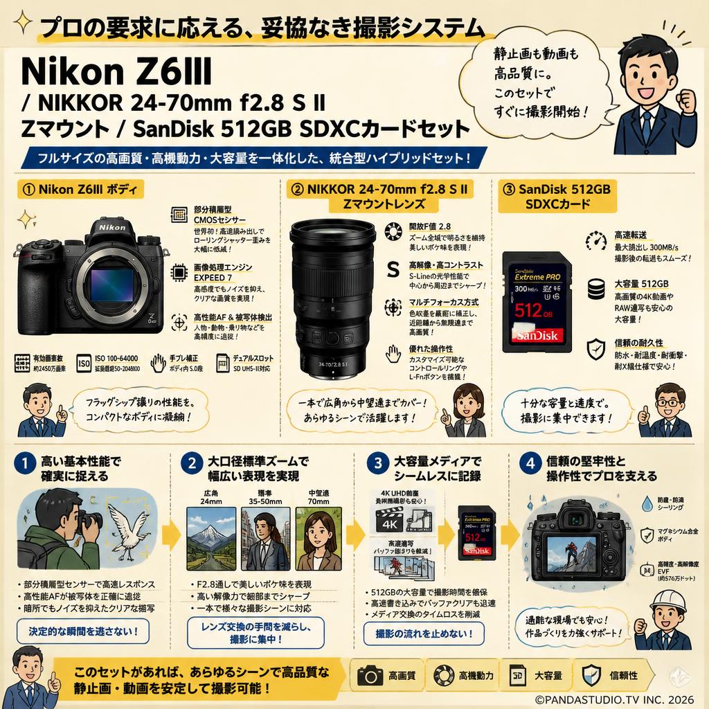 Nikon Z6III / NIKKOR 24-70mm f2.8 S II Zマウント / SanDisk 512GB SDXCカードセット 概要