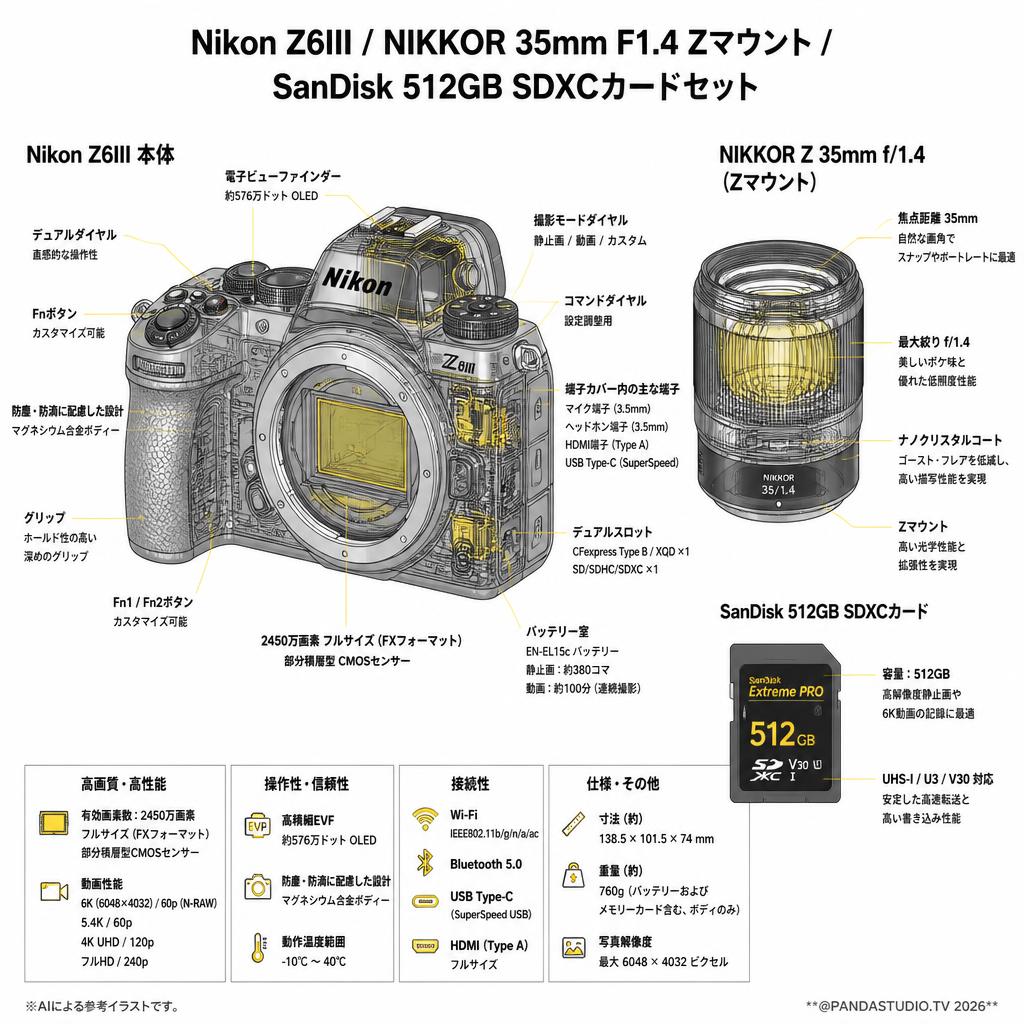 Nikon Z6III / NIKKOR 35mm F1.4 Zマウント / SanDisk 512GB SDXCカードセット スペック