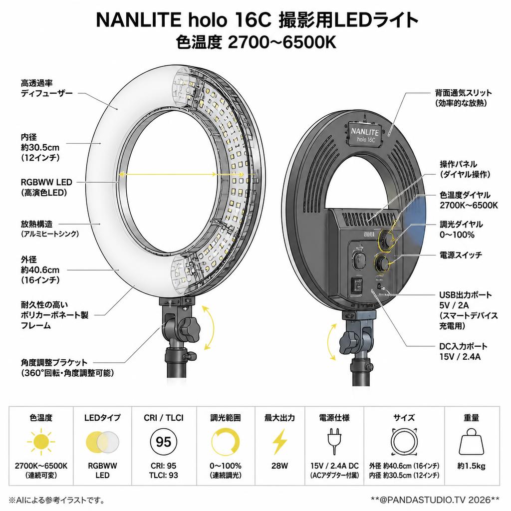 NANLITE holo 16C 撮影用LEDライト 色温度2700～6500K スペック