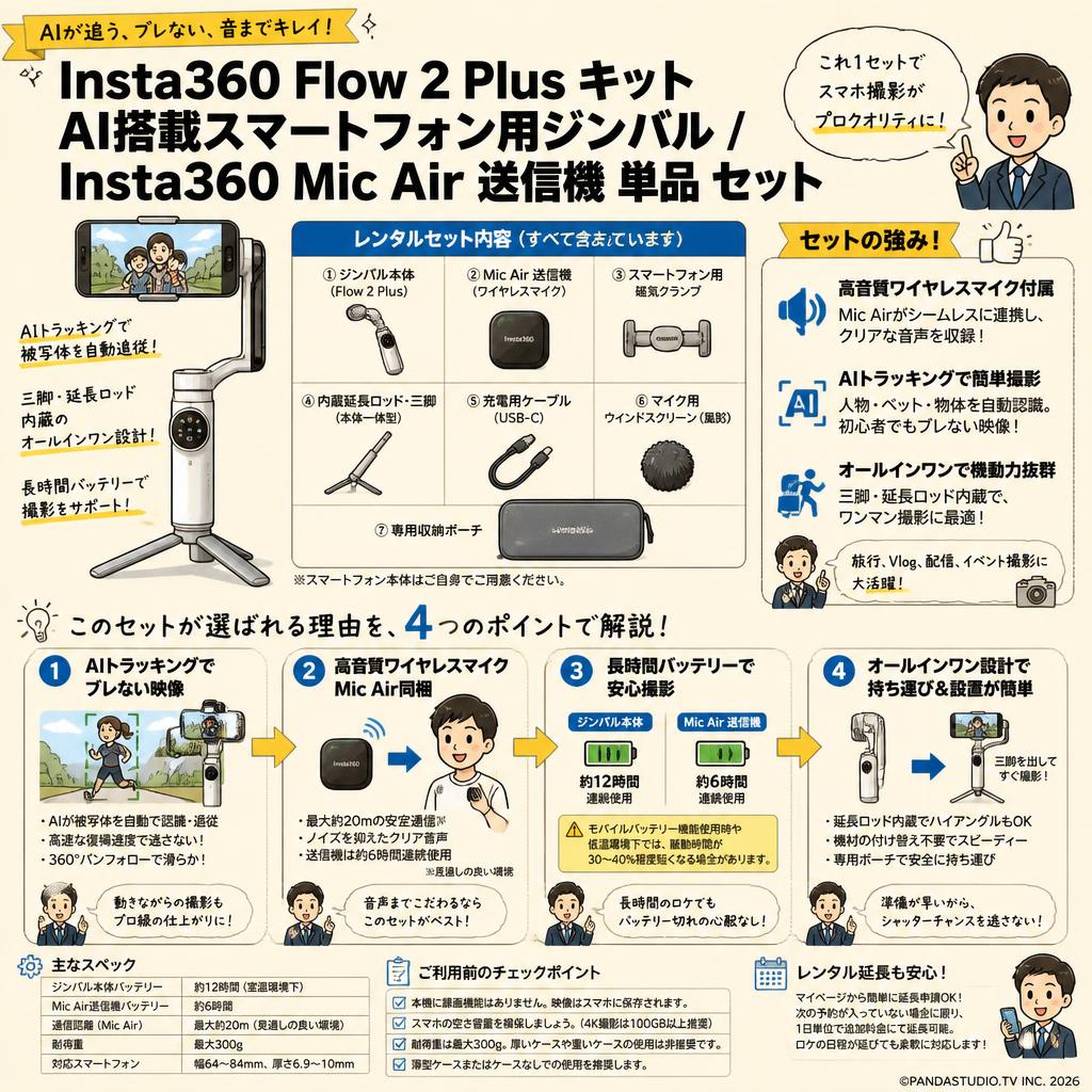 Insta360 Flow 2 Plus キット AI搭載スマートフォン用ジンバル / Insta360 Mic Air 送信機 単品 セット FAQ（よくある質問と答え）