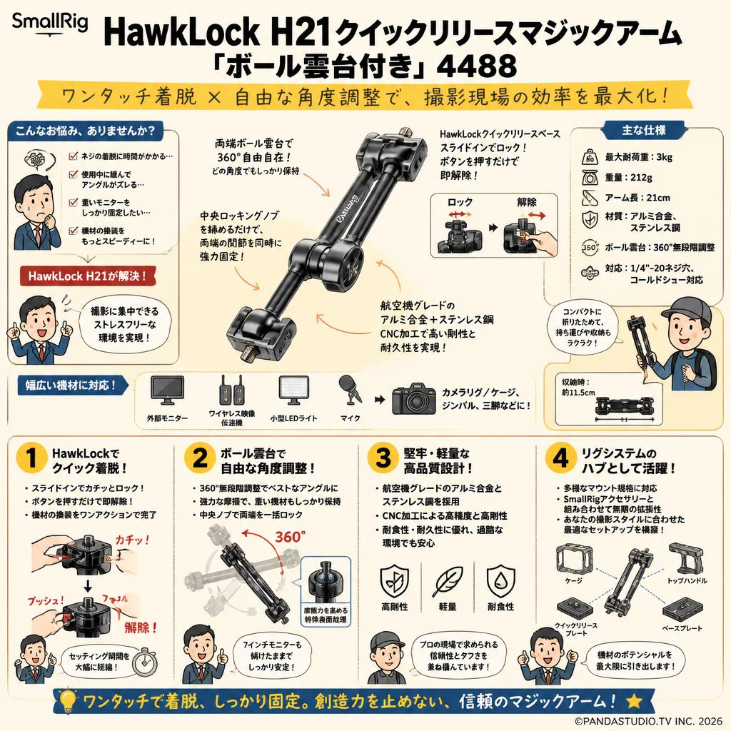 SmallRig HawkLock H21クイックリリースマジックアーム「ボール雲台付き」4488 概要
