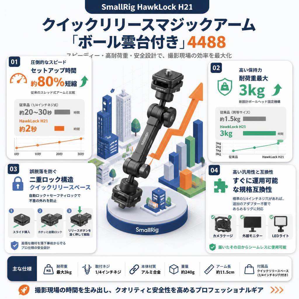 SmallRig HawkLock H21クイックリリースマジックアーム「ボール雲台付き」4488 セールスポイント