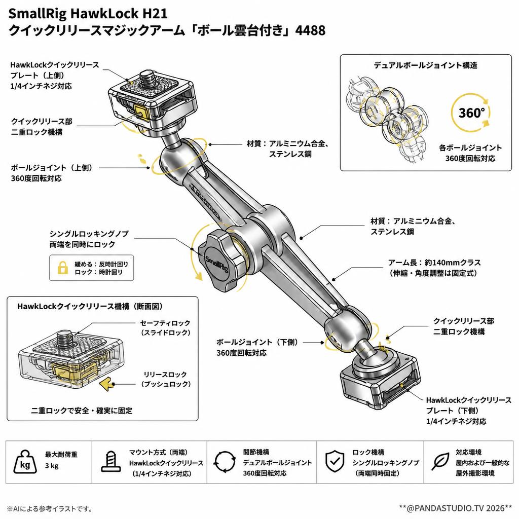 SmallRig HawkLock H21クイックリリースマジックアーム「ボール雲台付き」4488 スペック