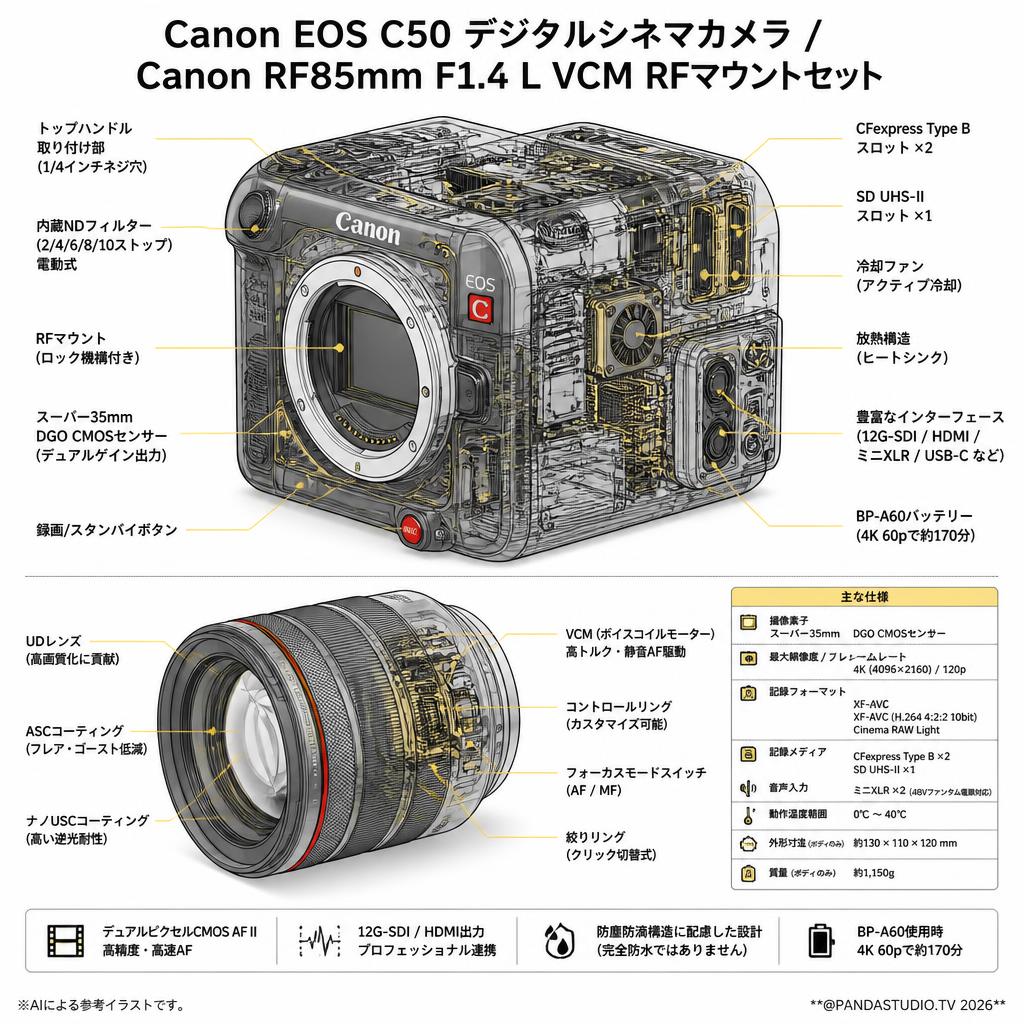 Canon EOS C50 デジタルシネマカメラ / Canon RF85mm F1.4 L VCM RFマウントセット スペック