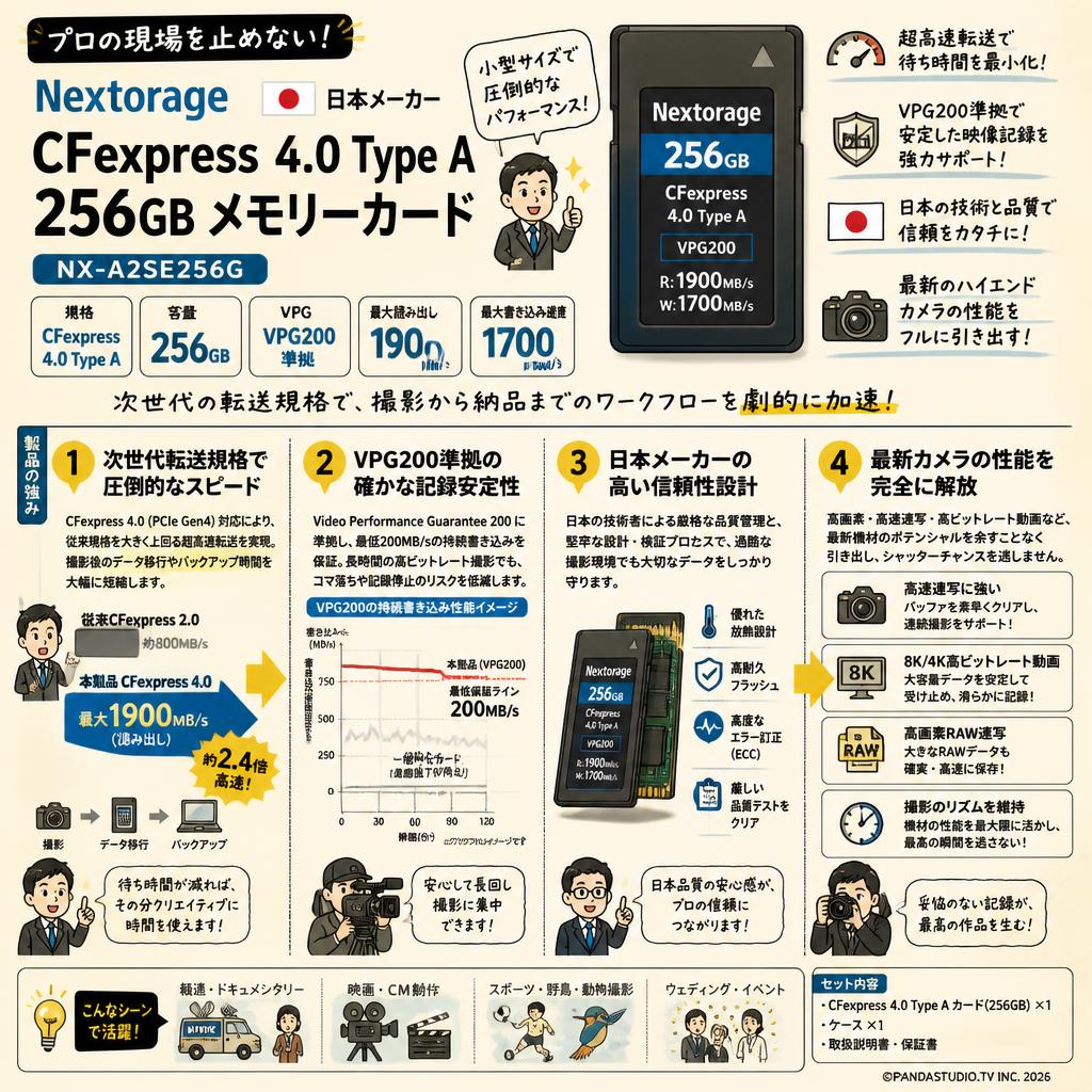Nextorage 日本メーカー CFexpress 4.0 Type A 256GB メモリーカード VPG200 最大読み出し速度1900MB/s 最大書き込み速度1700MB/s NX-A2SE256G 概要