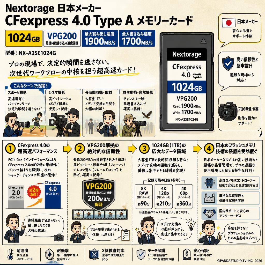 Nextorage 日本メーカー CFexpress 4.0 Type A 1024GB メモリーカード VPG200 最大読み出し速度1900MB/s 最大書き込み速度1700MB/s NX-A2SE1024G 概要