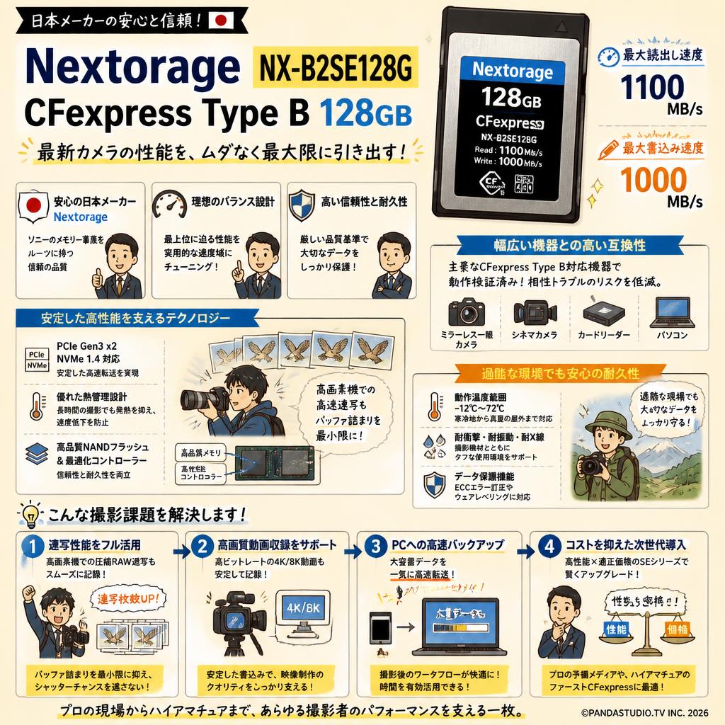 Nextorage 日本メーカー CFexpress TypeB 128GB 最大読出し速度1100MB/s 最大書込み速度1000MB/s NX-B2SE128G 概要