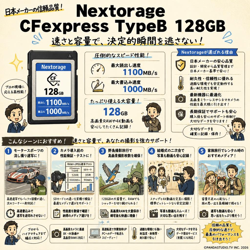 Nextorage 日本メーカー CFexpress TypeB 128GB 最大読出し速度1100MB/s 最大書込み速度1000MB/s NX-B2SE128G 用途