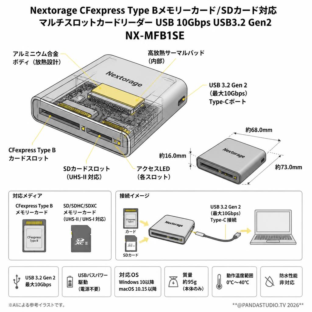 Nextorage CFexpress Type Bメモリーカード/SDカード対応 マルチスロットカードリーダー USB 10Gbps USB3.2 Gen2 NX-MFB1SE スペック