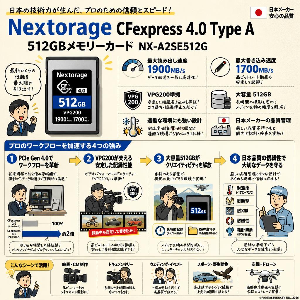 Nextorage 日本メーカー CFexpress 4.0 Type A 512GBメモリーカード VPG200 最大読み出し速度1900MB/s 最大書き込み速度1700MB/s NX-A2SE512G 概要
