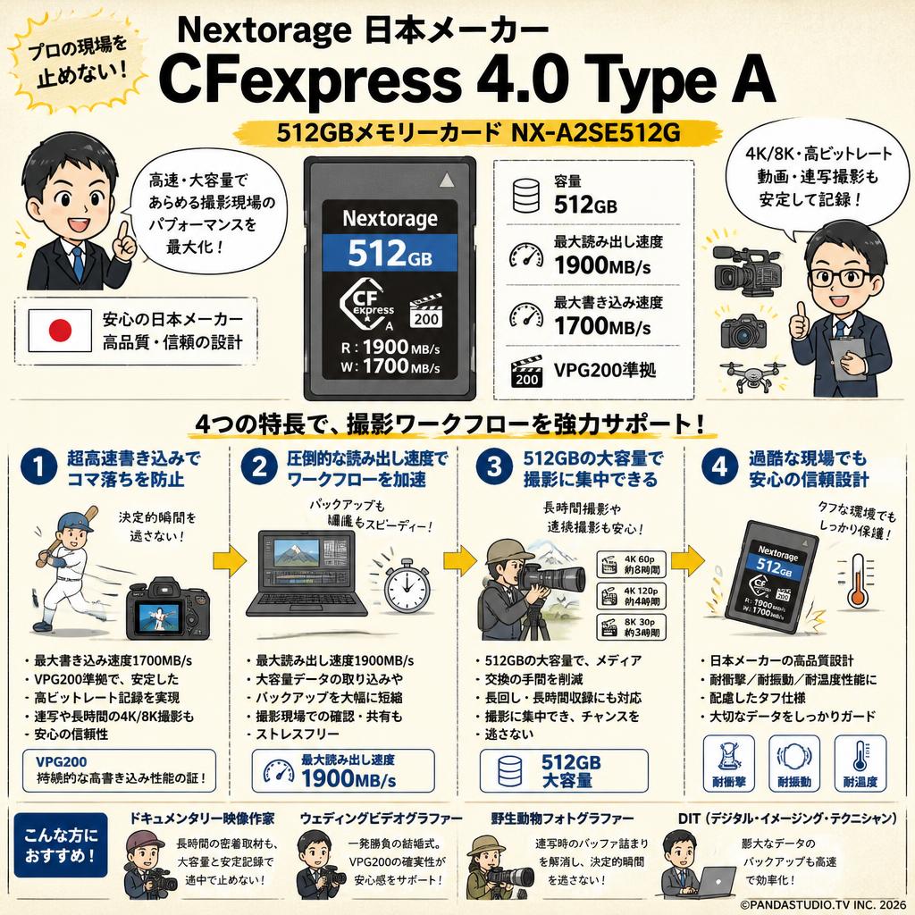Nextorage 日本メーカー CFexpress 4.0 Type A 512GBメモリーカード VPG200 最大読み出し速度1900MB/s 最大書き込み速度1700MB/s NX-A2SE512G おもな対象のお客様